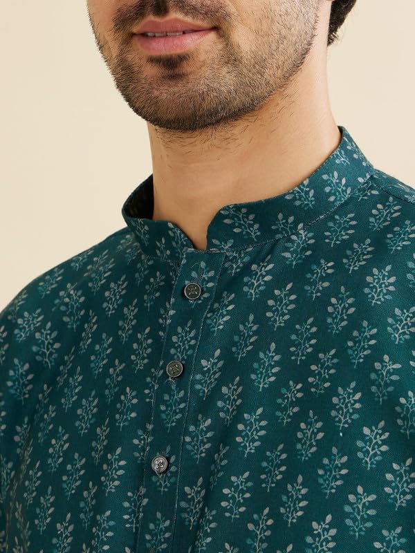 Manyavar Men's Cotton Blend Digital Print Short Kurta (Teal Green,M)