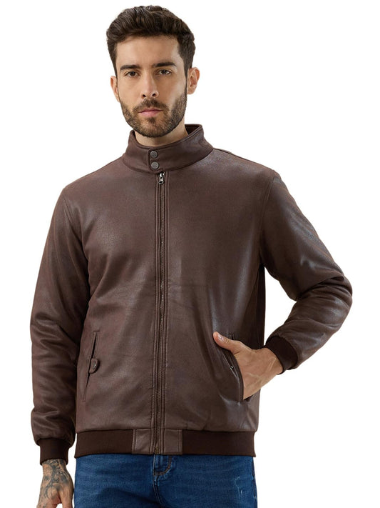 Status Quo Men's Solid Leather Textured Stand Collar Bomber Jacket | 100% Polyester | BROWN | M Size