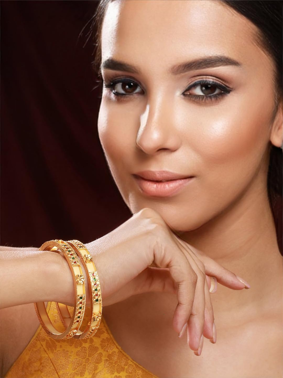 Priyaasi Yellow Multicolor Stone-Studded Geometric GoldPlated Bangle Set of 2