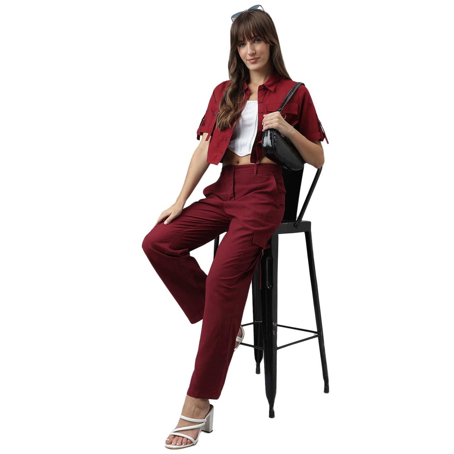 Latin Quarters Women Solid Casual Maroon Straight Pants_M
