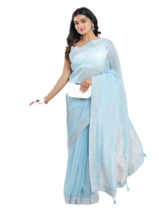 Kalyan Silks Baby Blue Color Organza Saree With Mini Stone Works On Body