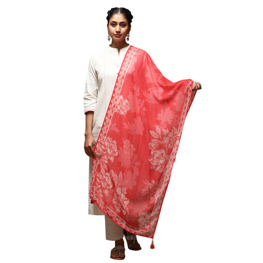 BIBA Women Coral Cotton Blend Printed Dupatta, Free Size