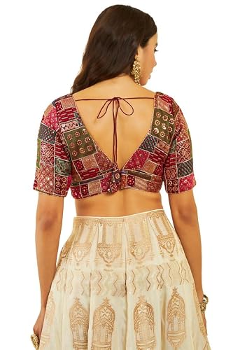 Soch Womens Maroon Tussar Sequin Embroidered V-Neck Back-Open Blouse
