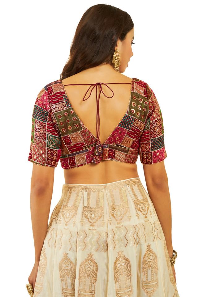 Soch Womens Maroon Tussar Sequin Embroidered V-Neck Back-Open Blouse