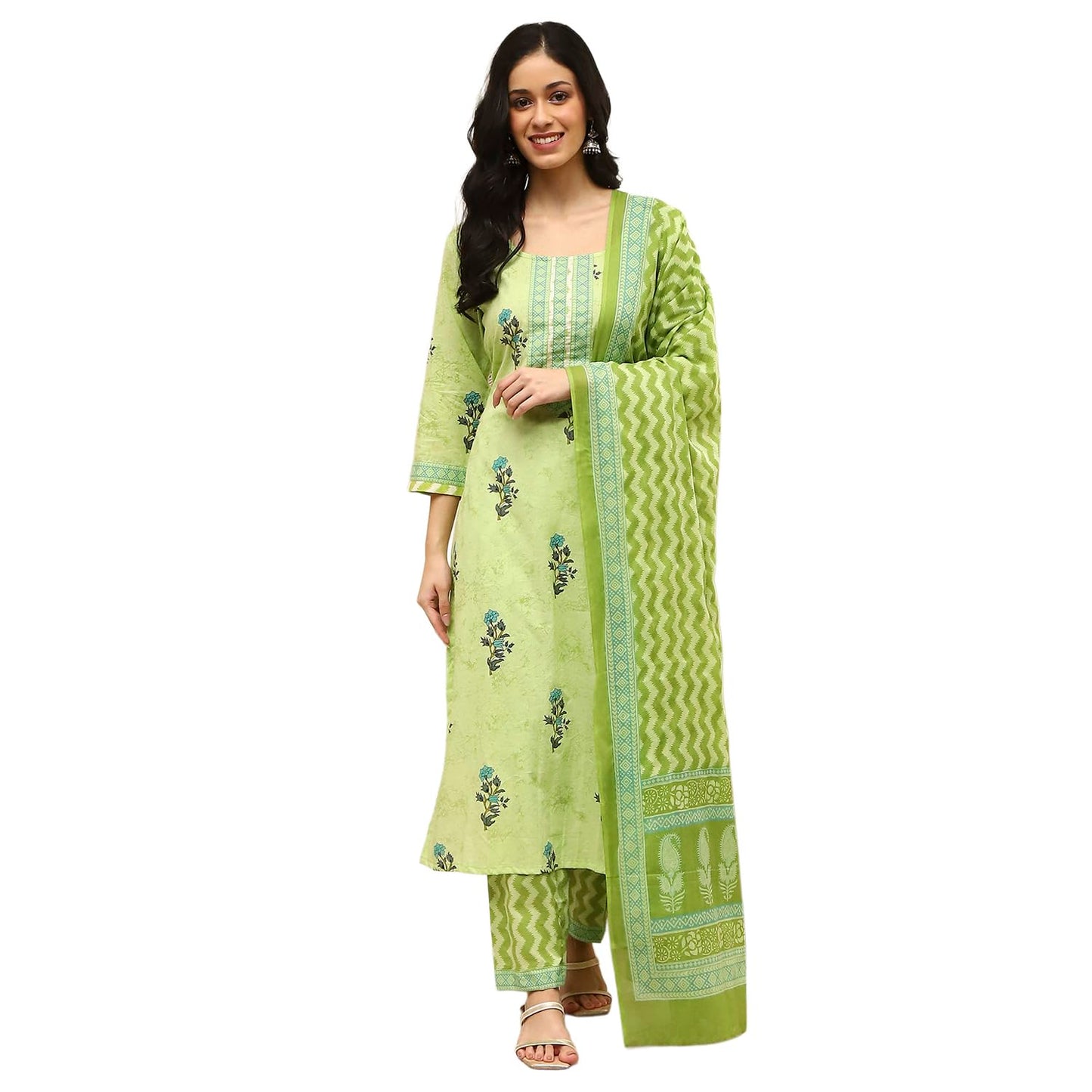BIBA Women Lime Green Cotton Screen Print Unstitched Suit Set_FREE SIZE