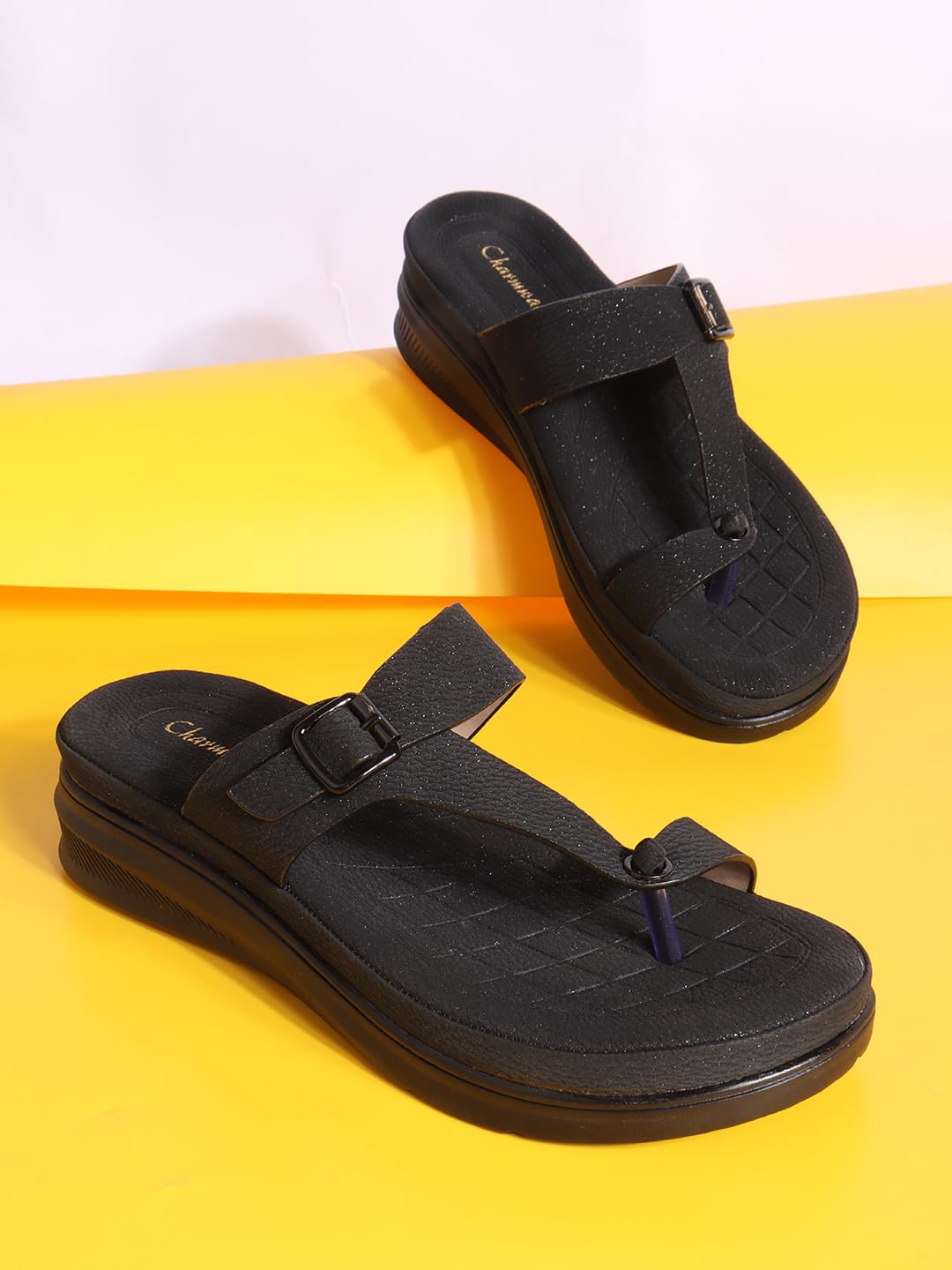 Charmwalk Women’s Stylish Wedge Toe-Ring Sandals | Soft Comfortable Thong Slip-On Chappal | Daily Wear Lightweight Sandals for Ladies & Girls (Black, UK Footwear Size System, Adult, Women, Numeric, Medium, 4)