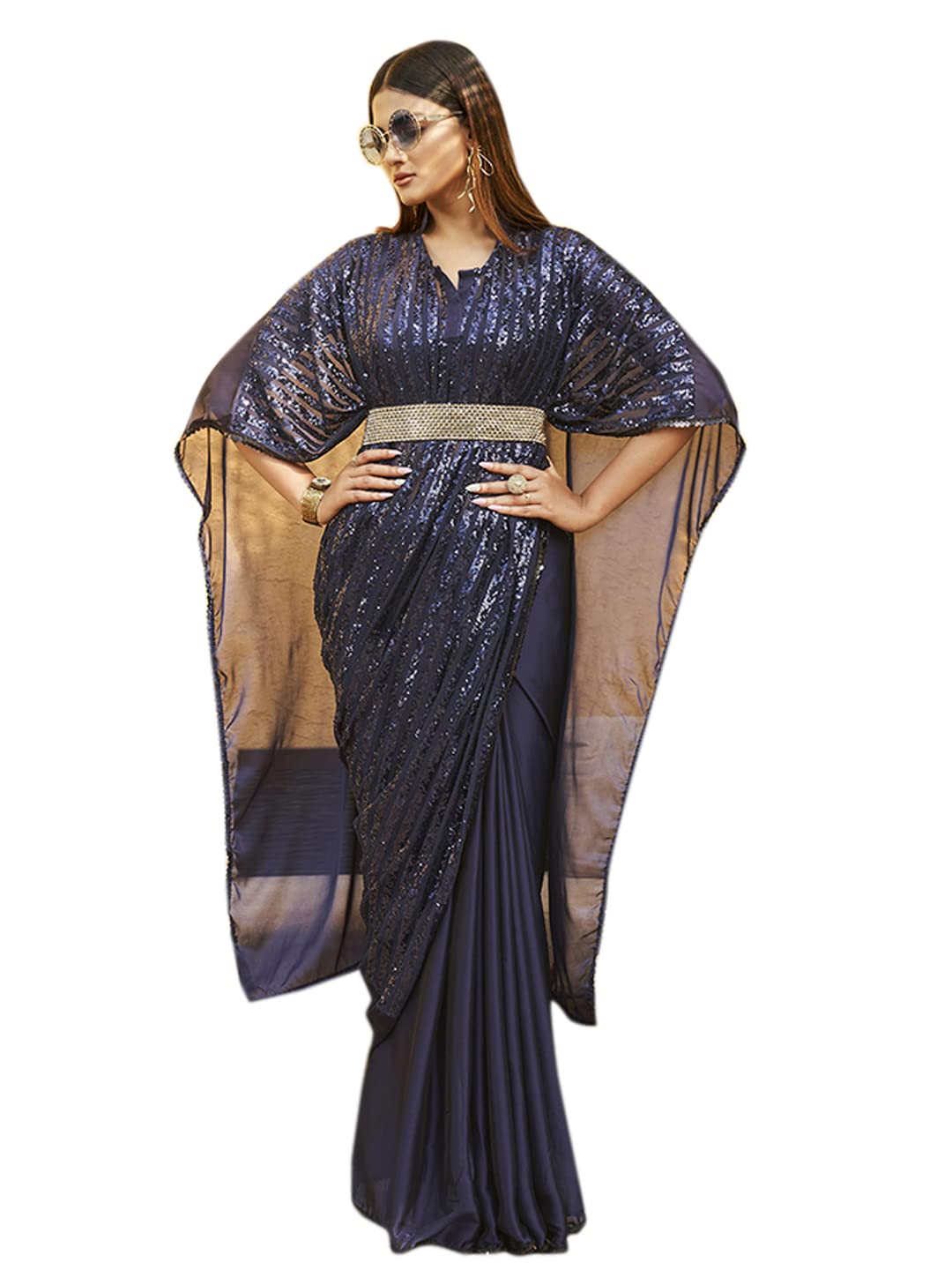 Womanista Women's Georgette Blend Sequinned Kaftan Saree With Belt With Un-stitched blouse