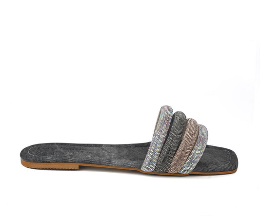 LOUIS STITCH Women’s Fashion Flat Slip-On Sandals | Open Toe Grey Glitter Strap Flat Slipper for Ladies, Comfortable Slipper | LSOF-LDSL-GLFSGY | (UK-5)