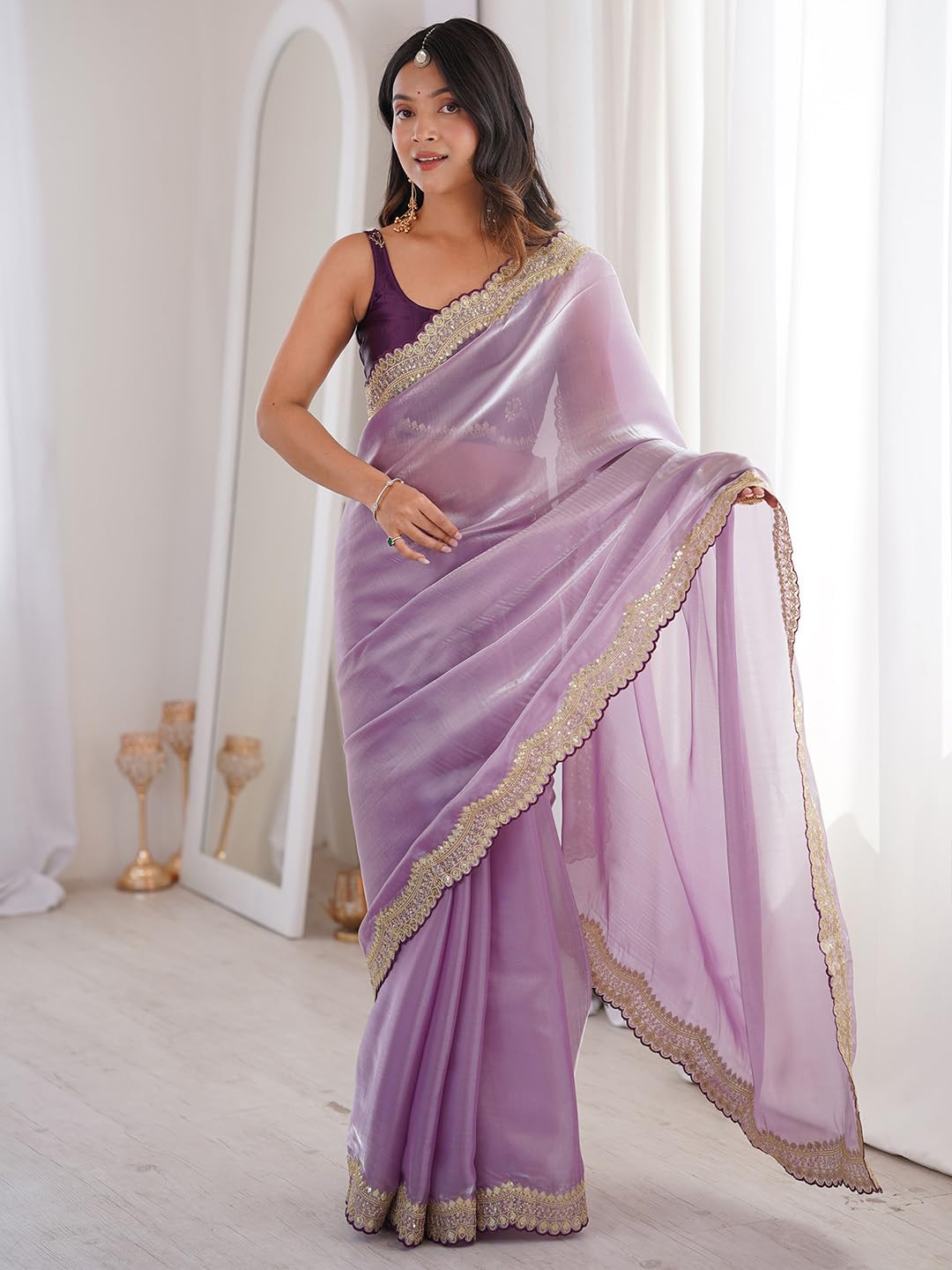 AKHILAM Women's Shimmer Lavender Satin Sequins Embroidery Work Saree With Unstitched Blouse Piece | saree for woman | Designer Saree for Women | Soft and Skin Friendly (AARYAN19902_KR)
