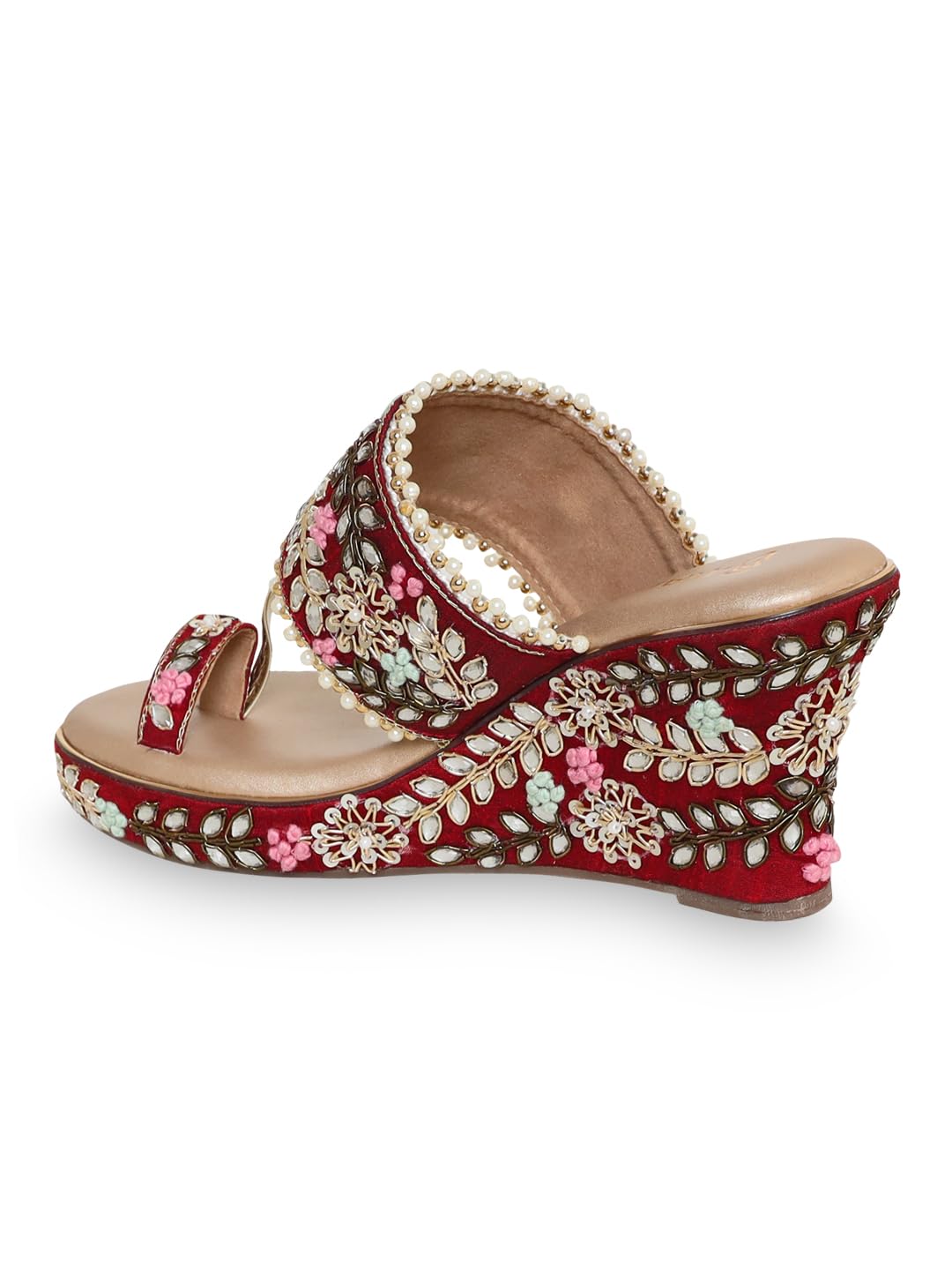 V-WALK Women's Slip-Ons Floral Embroidered Ethnic Wedge Heel Bridal Sandals | Wedding, Ethnic, Festive Occasions Bridal Heels for Women | Heel Height: 3 Inches | Maroon