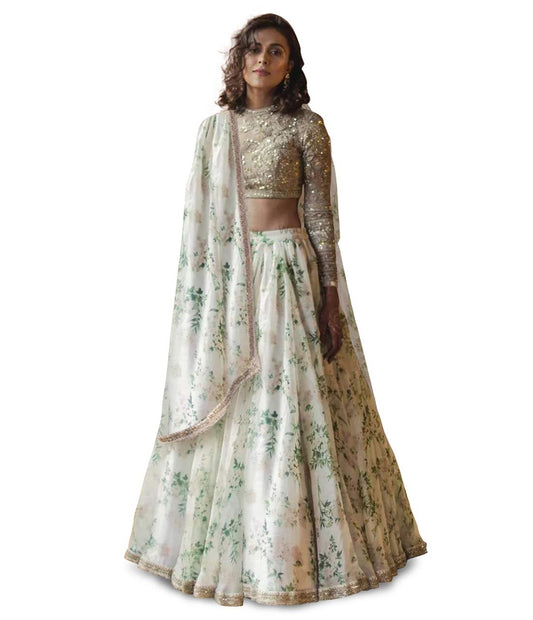 Zeel Clothing Women's Organza Semi stitched Lehenga Choli (7027_Cream_Free Size)