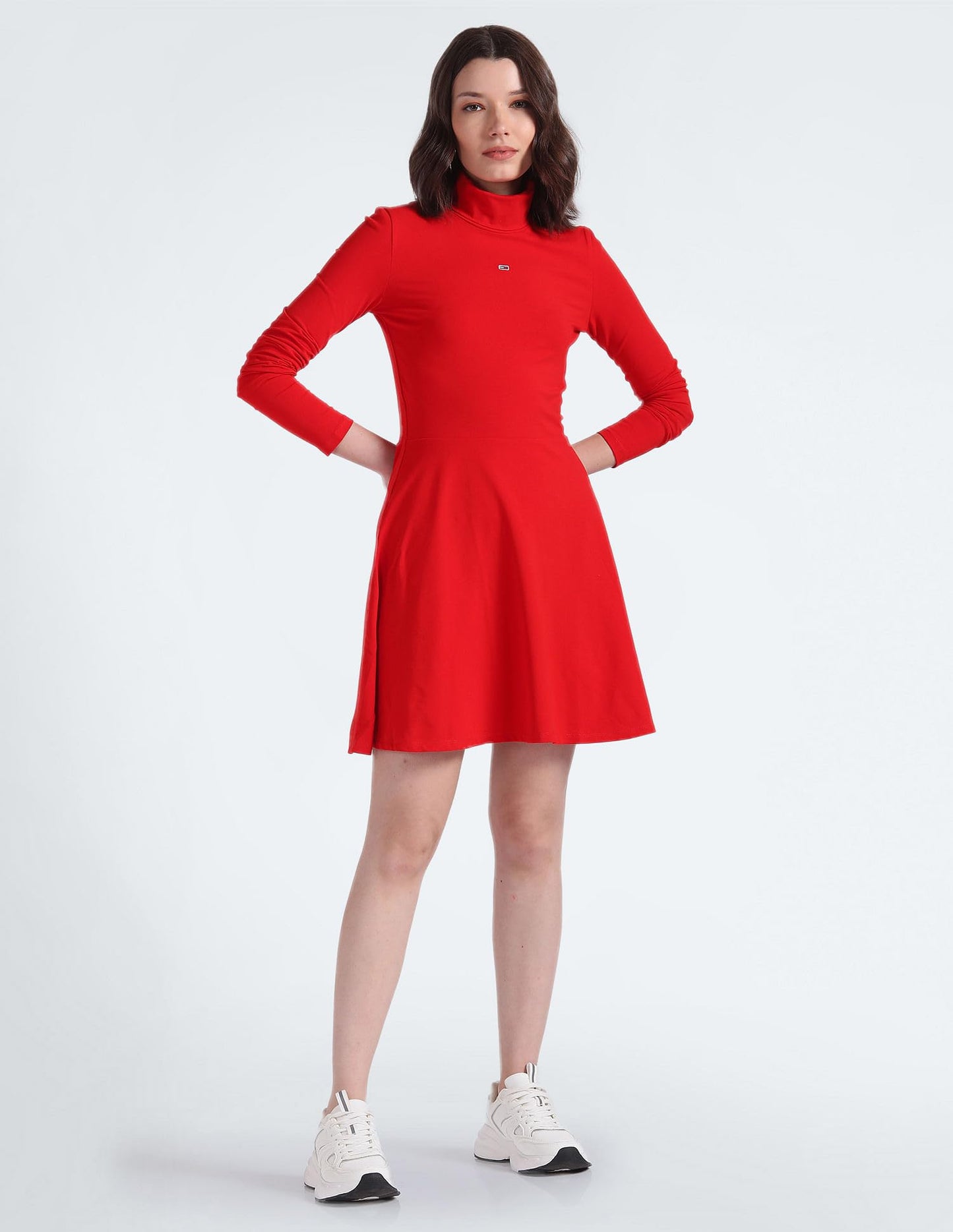 Tommy Hilfiger Women's Cotton Fit and Flare Knee-Length Dress (S24JWDR005_Red_S)