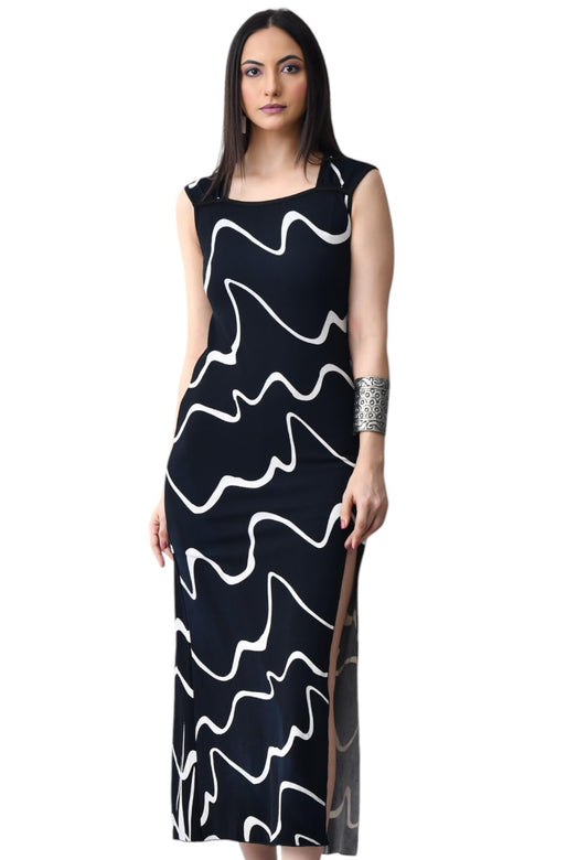 IUGA Black Lahariya Print Bodycon Maxi Dress with Square Neck and Front Slit
