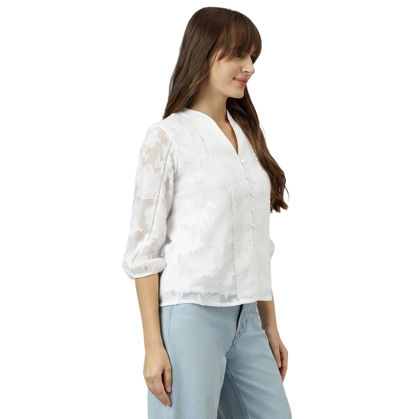 Latin Quarters Women White Mandarin Collar Three-Quarter Sleeves Solid Shirt for Casual Wear_M