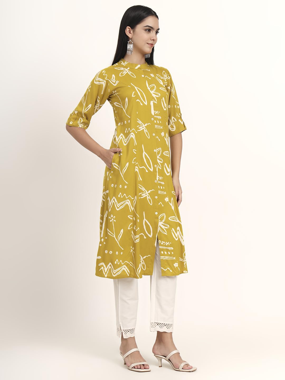 Divena Mustard Abstract Rayon A-Line Kurta (DBK1458)