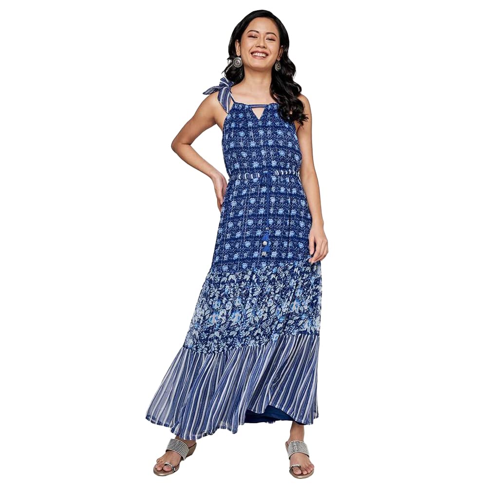 Global Desi Women's Polyester Fit and Flare Long Length Dress (FW22GA793MXLRX_Indigo_XS)