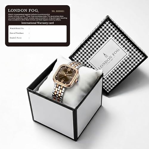 London Fog Bloomsbury Collection Analog Quartz Watch for Women with Brown Sunray Square Dial, Roman Numeral and Crystal Hour Markers, Date Display, Rose Gold & Silver Stainless Steel Strap LFW20008-22