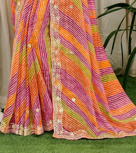 Laxmipati Sarees Women's Zari Work Laheriya Printed Tissue Silk Saree in Multicolor Color with unstitched Blouse Material - Embrace Latest Style And Timeless Elegance in this Exquisite Attire