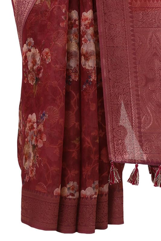 Soch Womens Wine Chanderi Woven Design Saree With Tassels