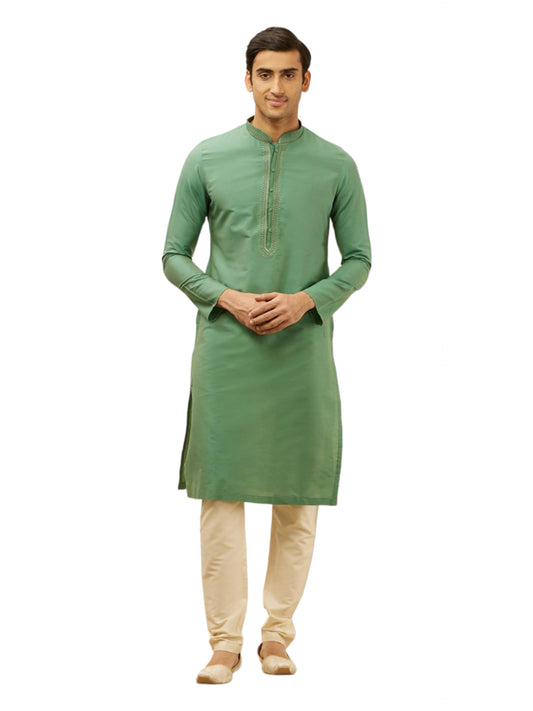 Manyavar Men's Green Blended Viscose Solid Kurta Pyjama Set (L)