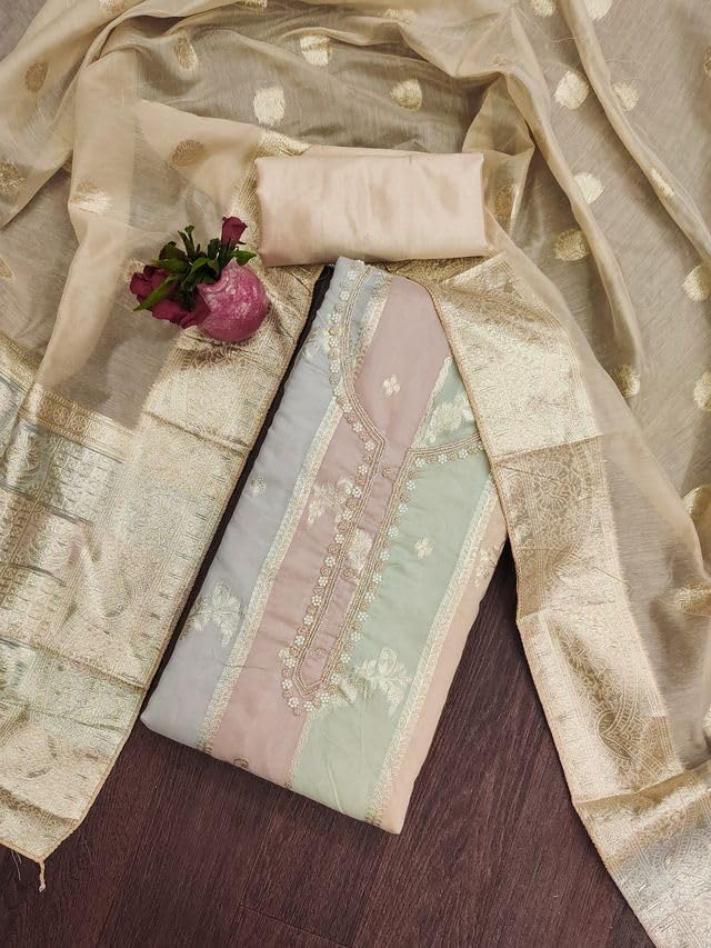 VARNI FABRICS Jacquard With Neck handwork Dress Material for Women Striped Unstitched Woman Salwar Suit Dress Material With Jacquard Dupatta Pastel Multicolors