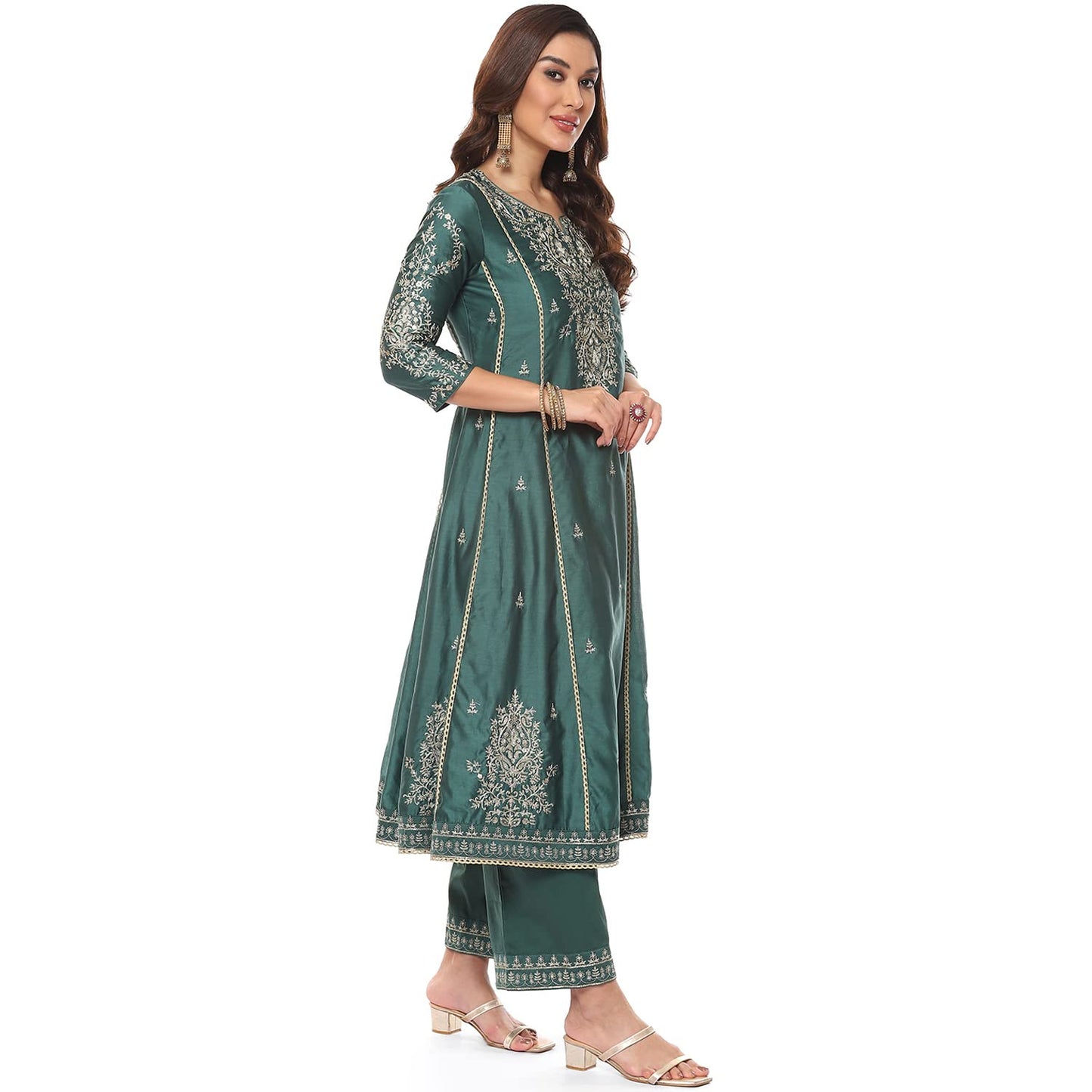 BIBA WOMEN EMBROIDERY STRAIGHT SALWAR KURTA DUPATTA(SKDKINARI7810_DARK GREEN_36)