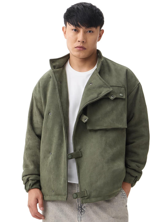 The Souled Store Racer Jacket: Men and Boys Full Sleeves Mock Neck Hunter Green Solid Suede Oversized Fit Utility Pockets Lightweight Winter Jacket