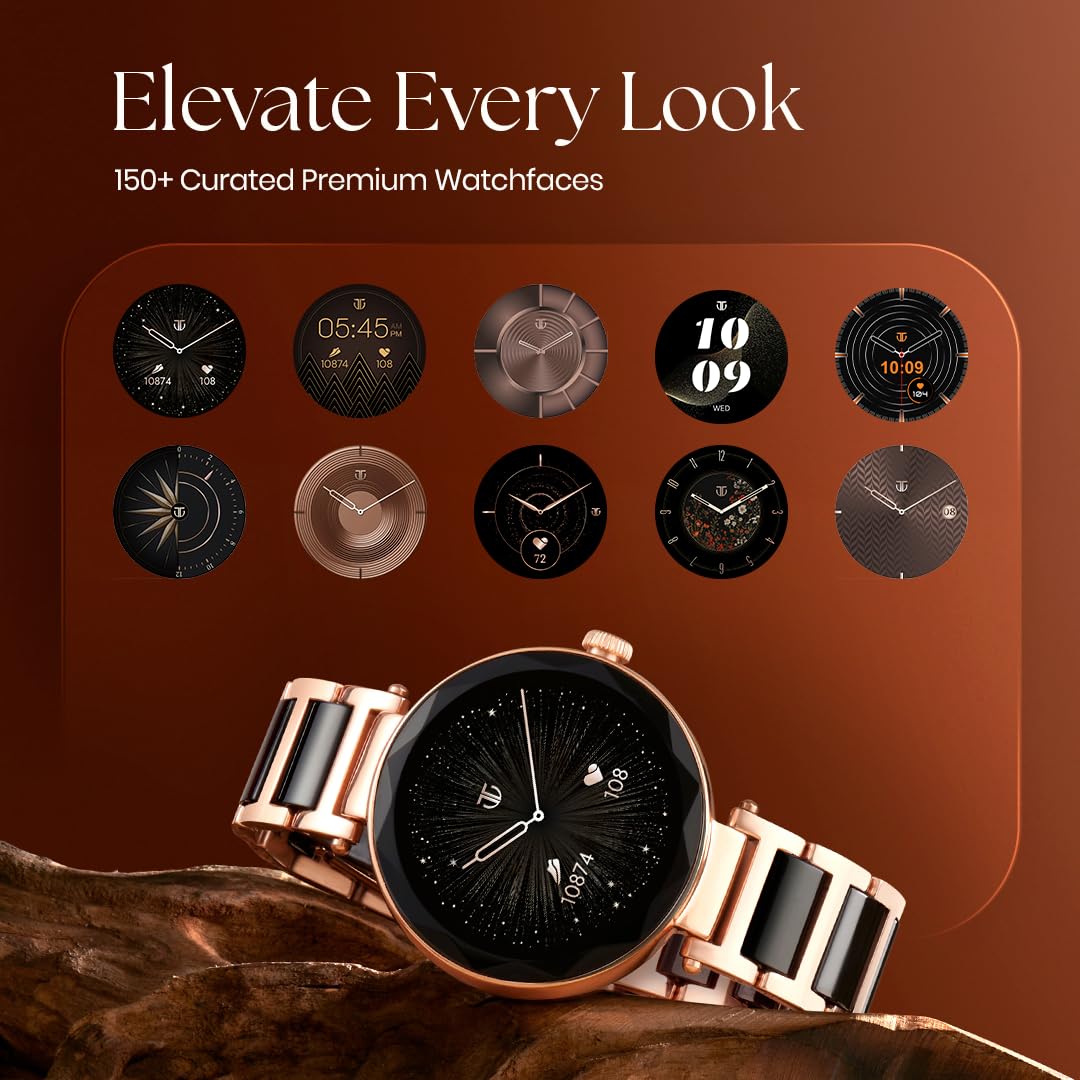 Titan Elixir 1.19" AMOLED Stainless Steel Smart Watch for Women Latest with Diamond Cut Design, SpO2, BP & Skin Temp Monitorings, Heart Rate, BT Calling, Voice Assistant, Water Resistant (Rose Gold)