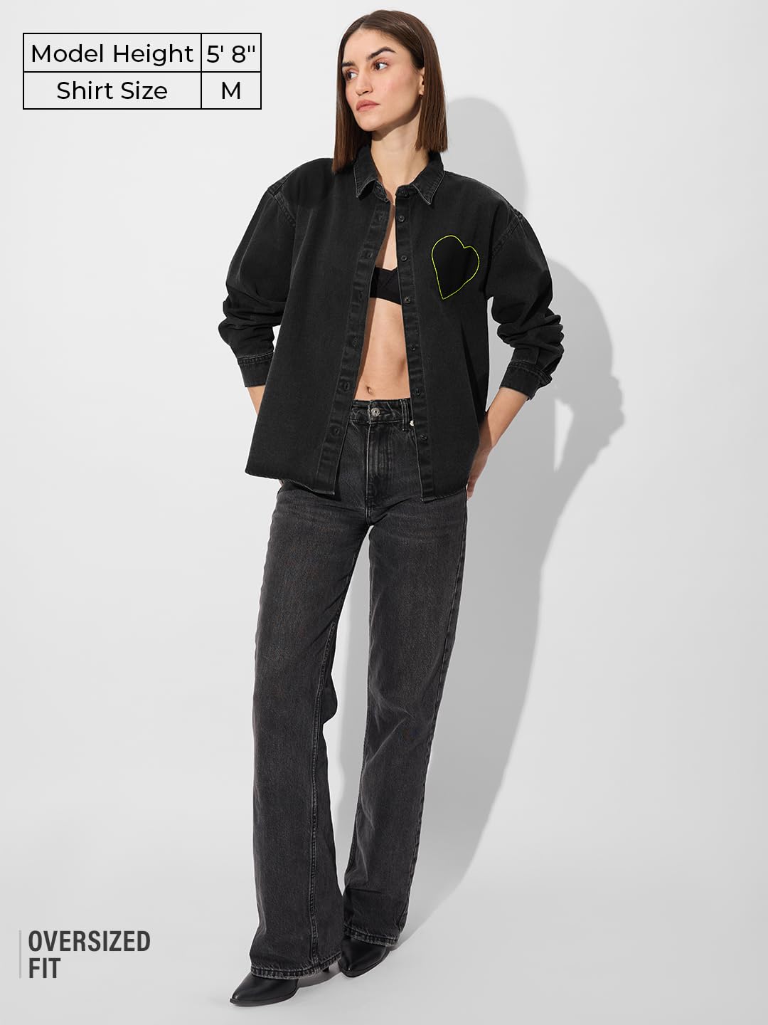 The Souled Store Originals: Little Hearts Denim Women and Girls Long Sleeve Oversized Fit Cotton Shackets