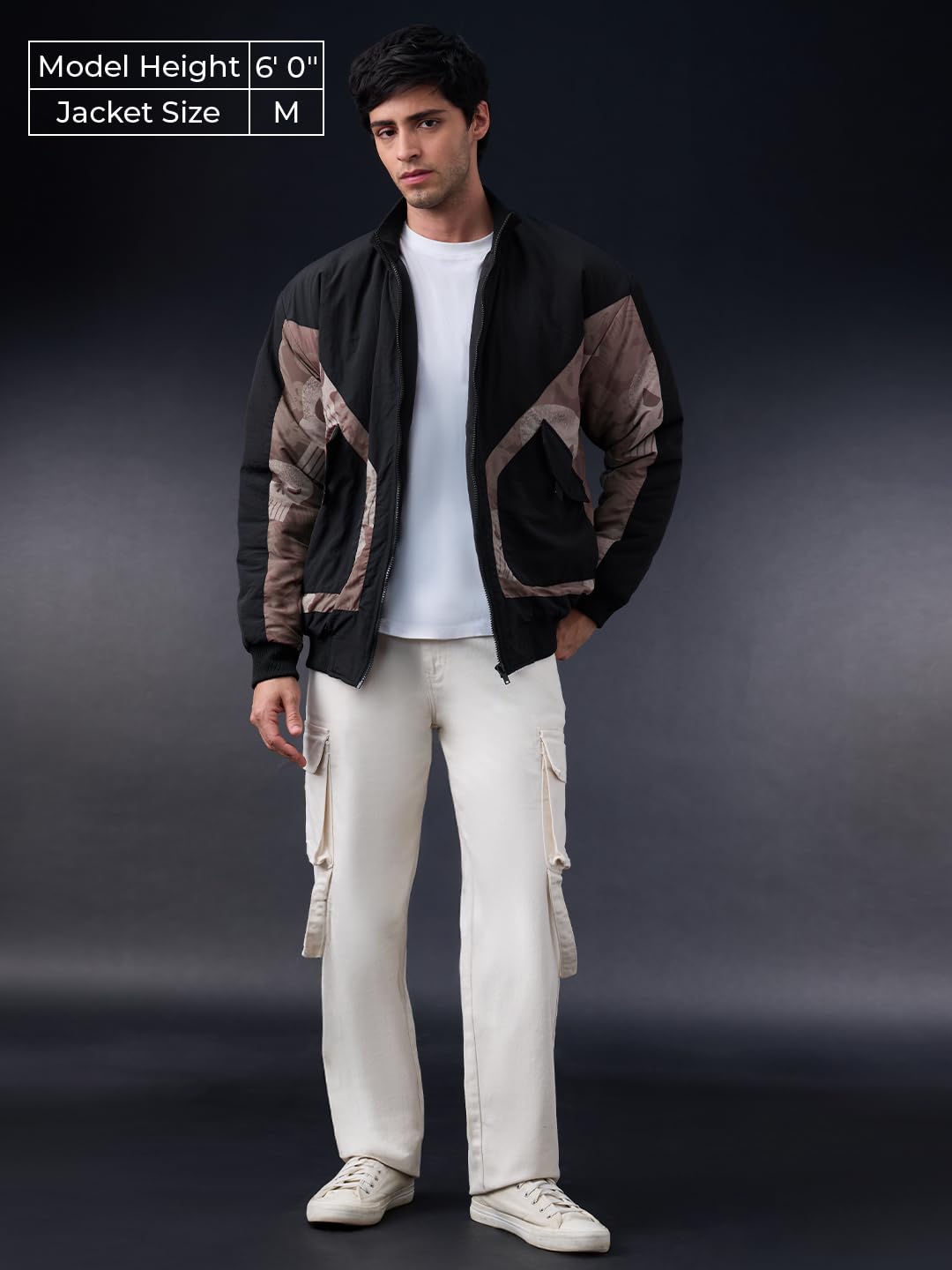 The Souled Store Punisher: Justice Men and Boys Full Sleeves Band Collar Black Camouflage Printed Polyester Regular Fit Lightweight Utility Pockets Winter Jacket