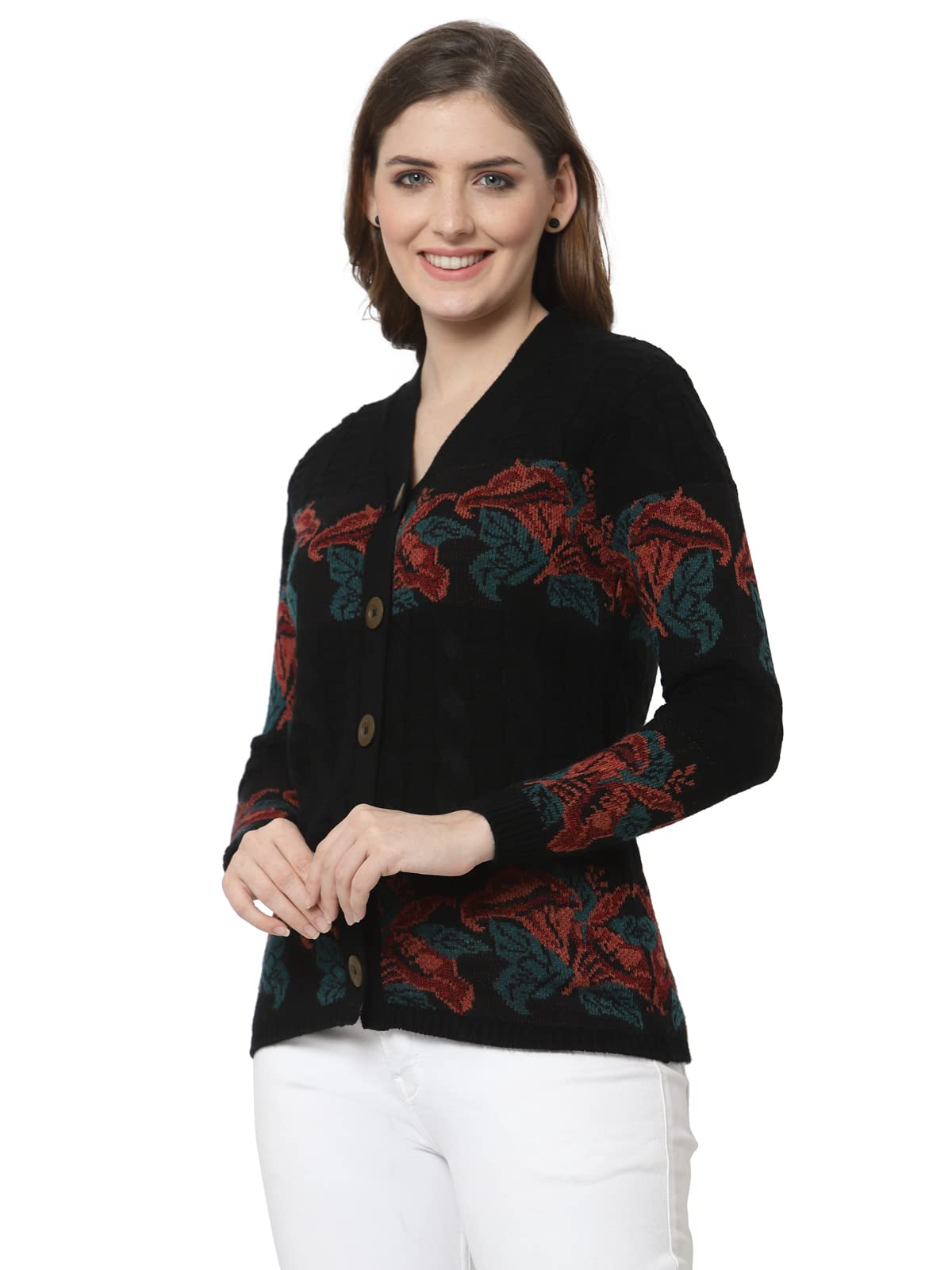 Kalt Women Sweater for Winter Woolen Acrylic Full Sleeves V Neck Floral Design Cardigan Sweater for Women Winter Woollen Stylish(Black;3XL)