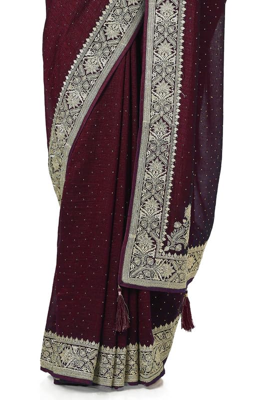 Soch Womens Maroon Zari Embroidery Tussar Saree With Stone Embellish