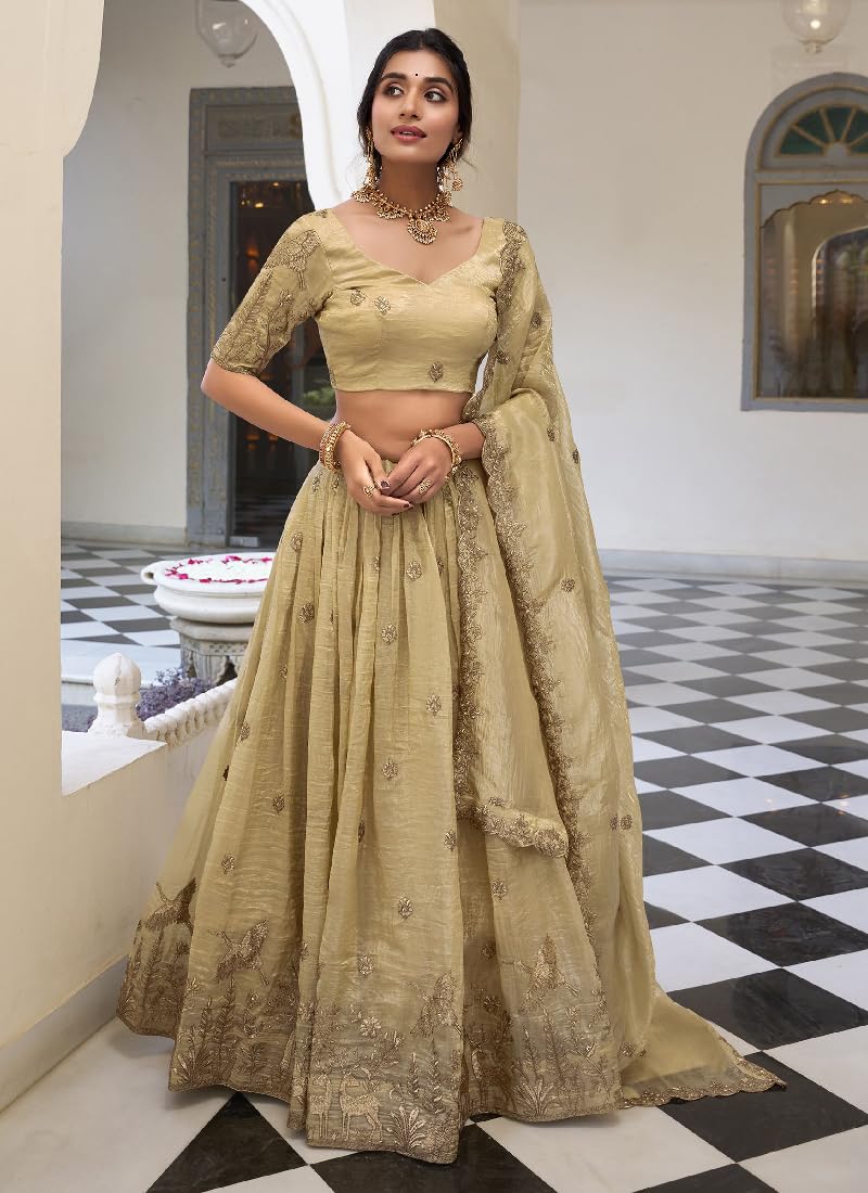 JIHU CULTURE Beige Silk Thread Sequence Embroidery Work Semi-Sttiched Lehenga Choli Set For Women