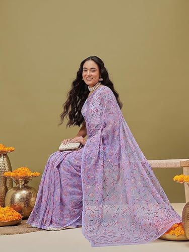 Ada Hand Embroidered Lucknowi Chikankari Georgette Saree for Women with Unstitched Blouse Piece A311384 Lavender