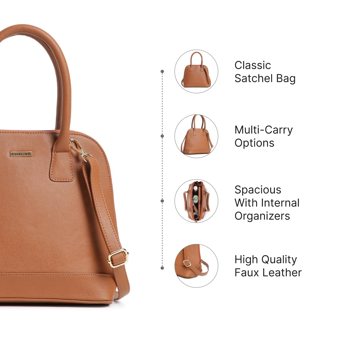 Fastrack Structured Satchel Bag for Women | Classic Bag for Girls, Ladies, Women | Spacious Bag for College, Work Made of Faux Leather (Tan)