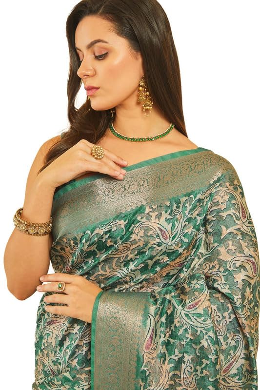 Soch Womens Teal Ethnic Print Chanderi Jacquard Weave Saree