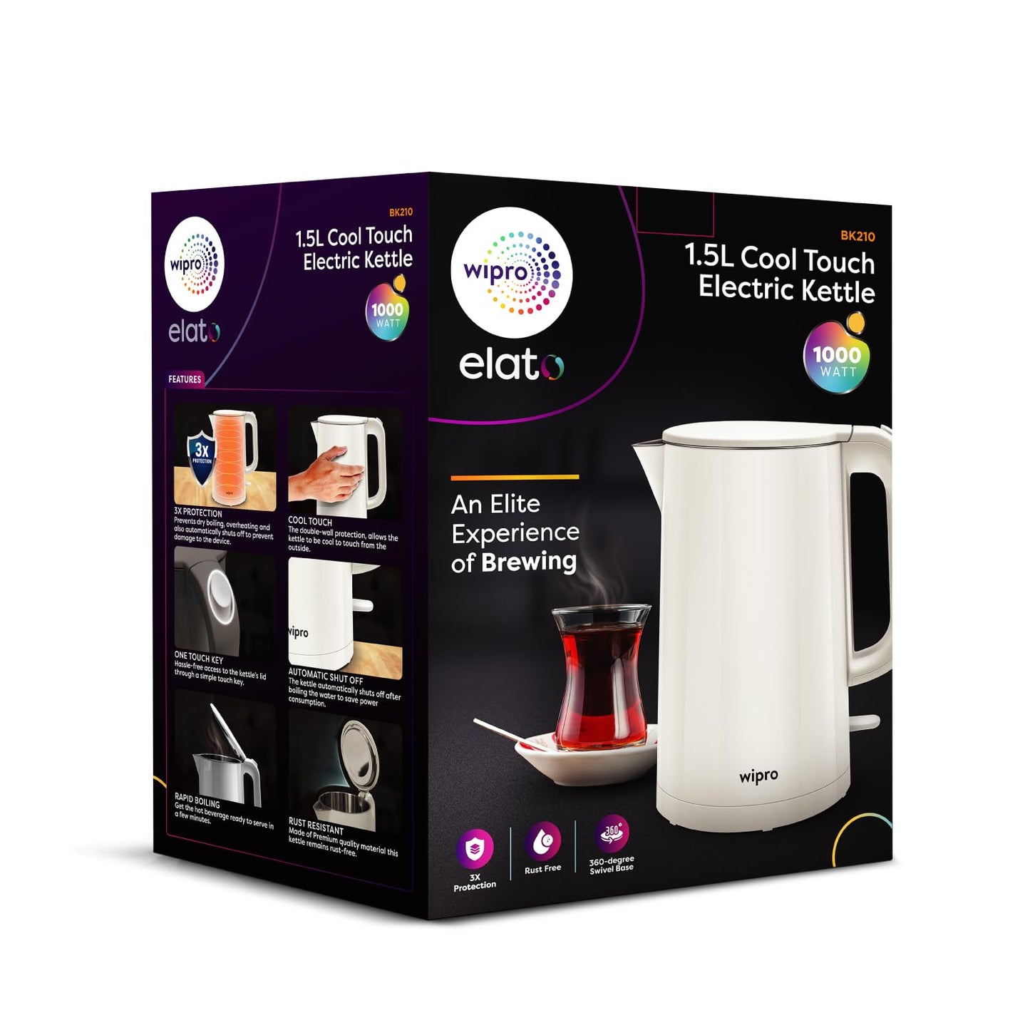 wipro ABS Elato BK210 Cool Touch Double Layer Electric Kettle, 1.5 Litres, Anti-Rust Shield, Super Fast Heating, 3X Protection-Overheating, Dry Boil & Auto Shut-Off,1000 Watts, 2 Years Warranty, White