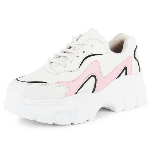 LENSBURY Women's Shoes for Walking Gym Training, Casual, Sports, Slip-On, Lightweight Lace up Athletics Slipon Running Sneaker for Ladies and Girls LBCNV-THAR-6056BL-37 White
