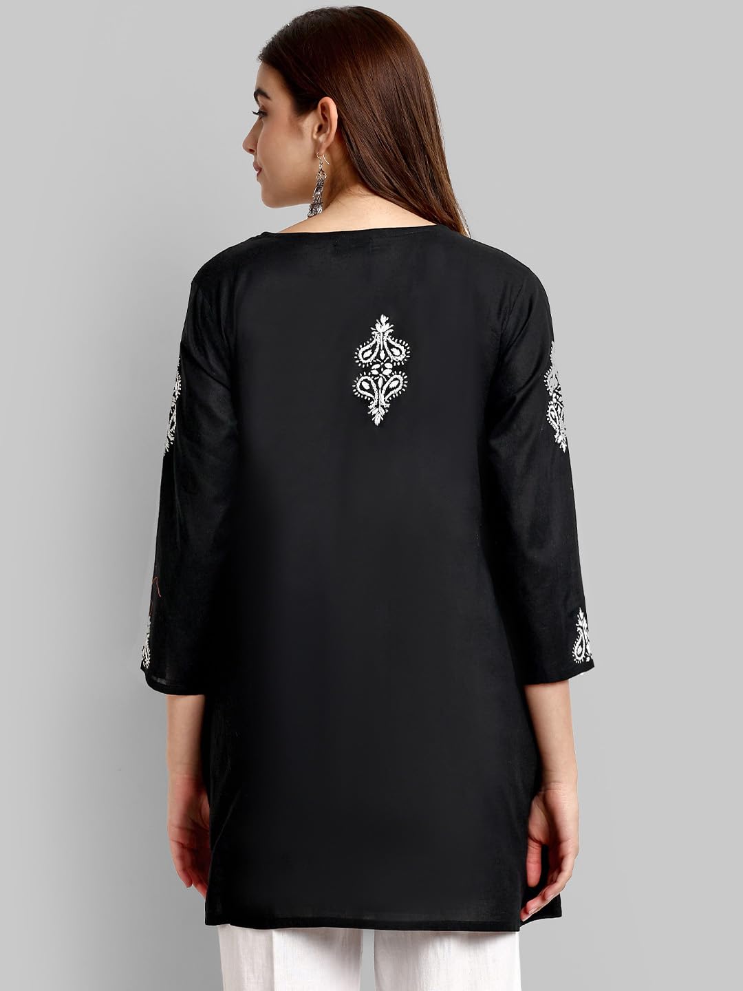 Ada Hand Embroidered Lucknowi Chikankari A-line Cotton Short Kurti Top for Women A911376 Black/White (L)