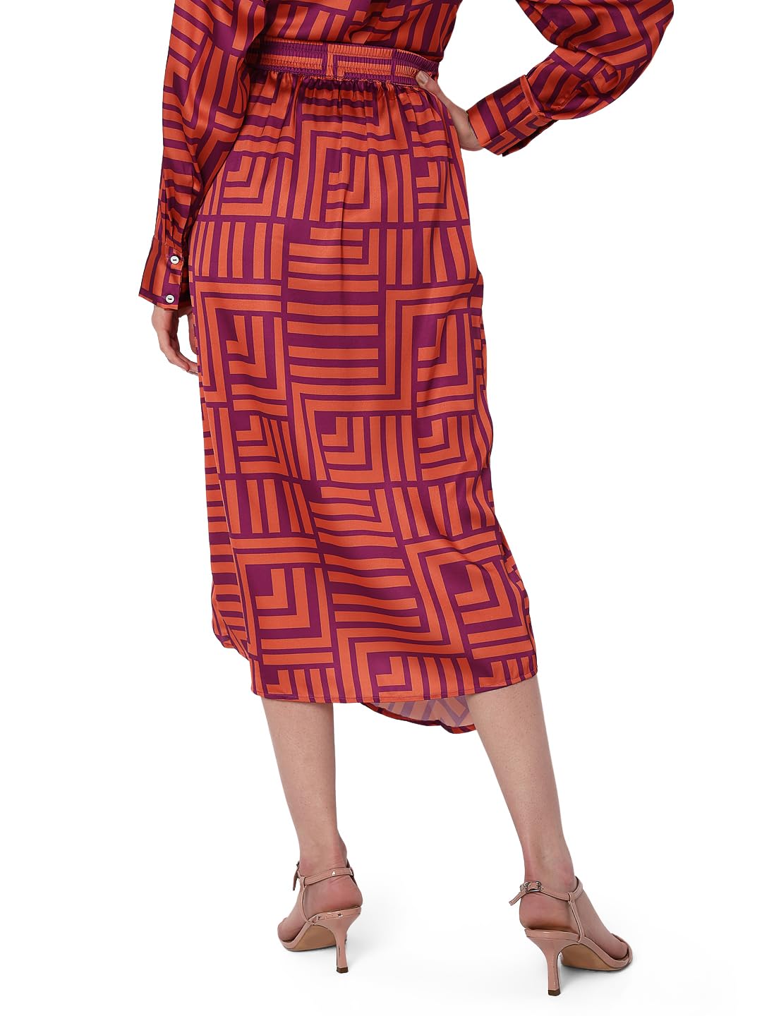 VERO MODA Women Printed Polyester Flared Midi Orange Skirt