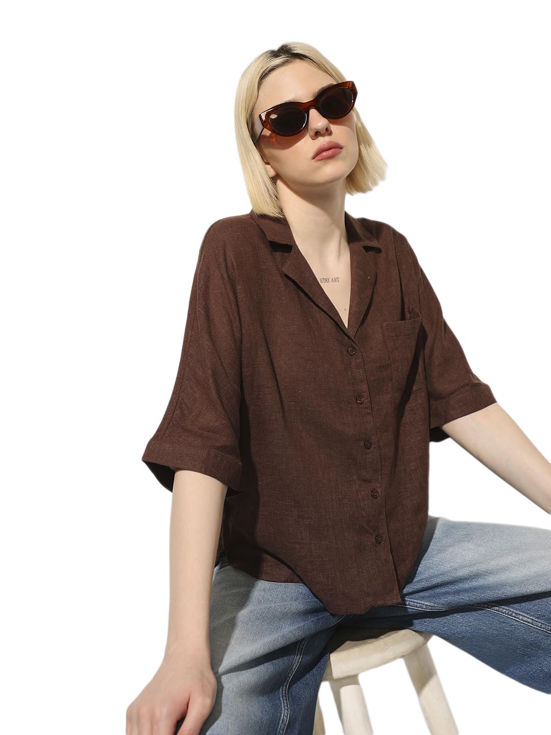 ONLY Spread Collar Extended Sleeves Pocket Oversized Shirt