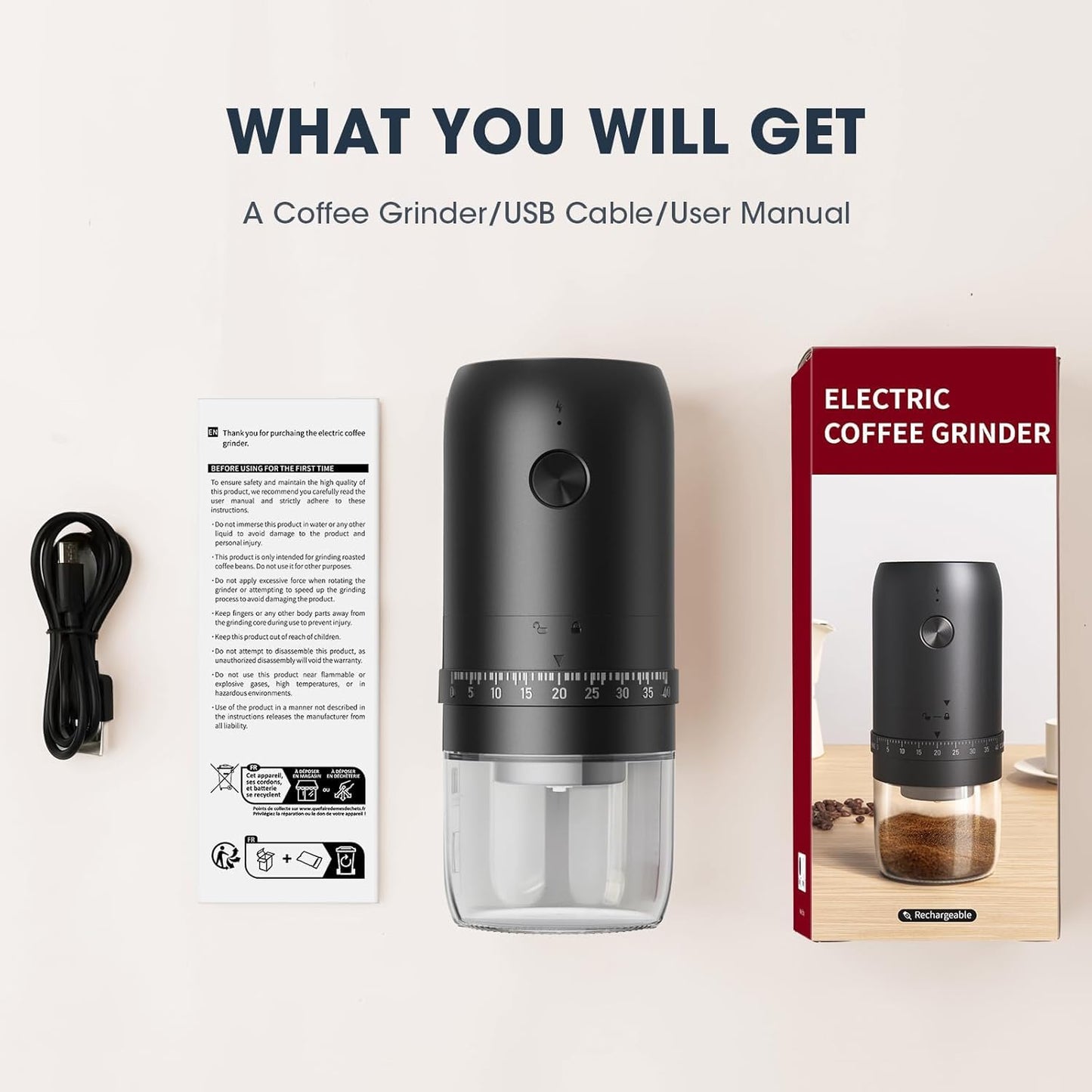 Turimon Electric Coffee Grinder for Home, Rechargeable & Portable Crusher for Beans,Spices & Herbs, Multifunctional Grinder with Ceramic Conical Burr Mill & 40 Adjustable Grind Settings (KMDJ-2AW)