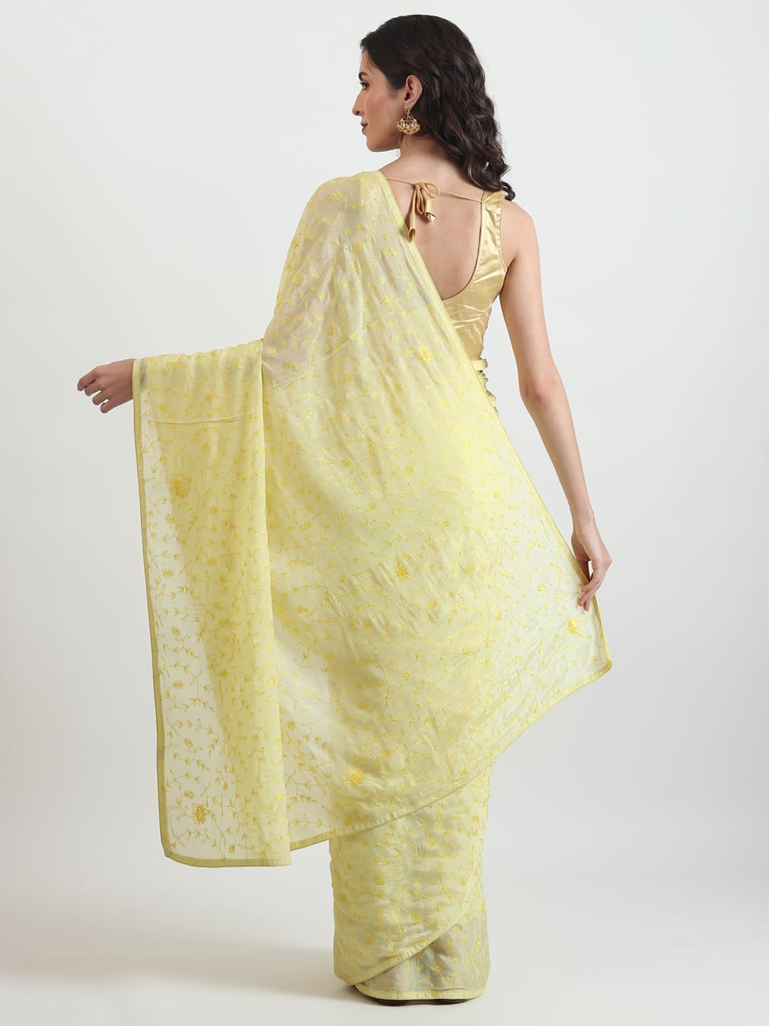 THE WEAVERS SHOP BY RAAVI Pure Chiffon Thread Jaal Hand Embroidery Saree With Unstitched Blouse