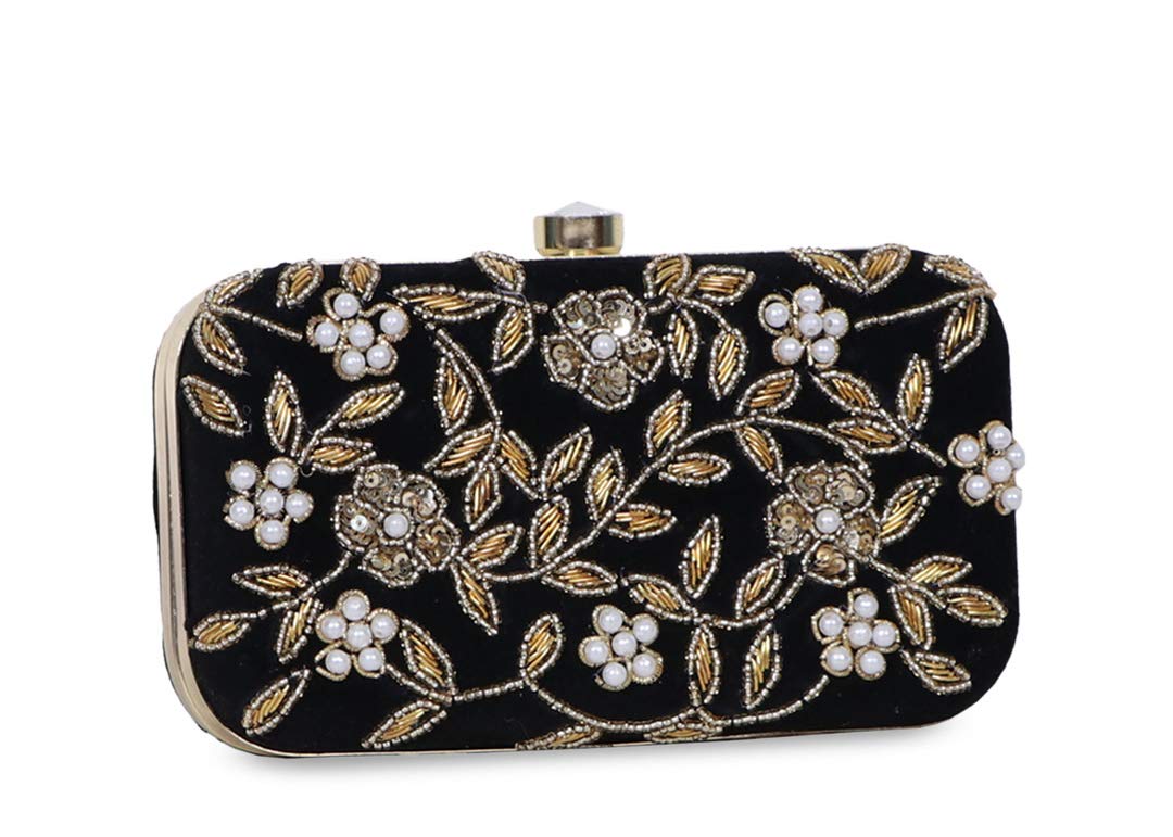 DUCHESS Women's Velvet Zari Zirkon Box Clutch Purse (Black)