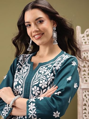 Ada Hand Embroidered Lucknowi Chikankari Cotton Kurta and Pant Set for Women A811260 Peacock Blue (XL)