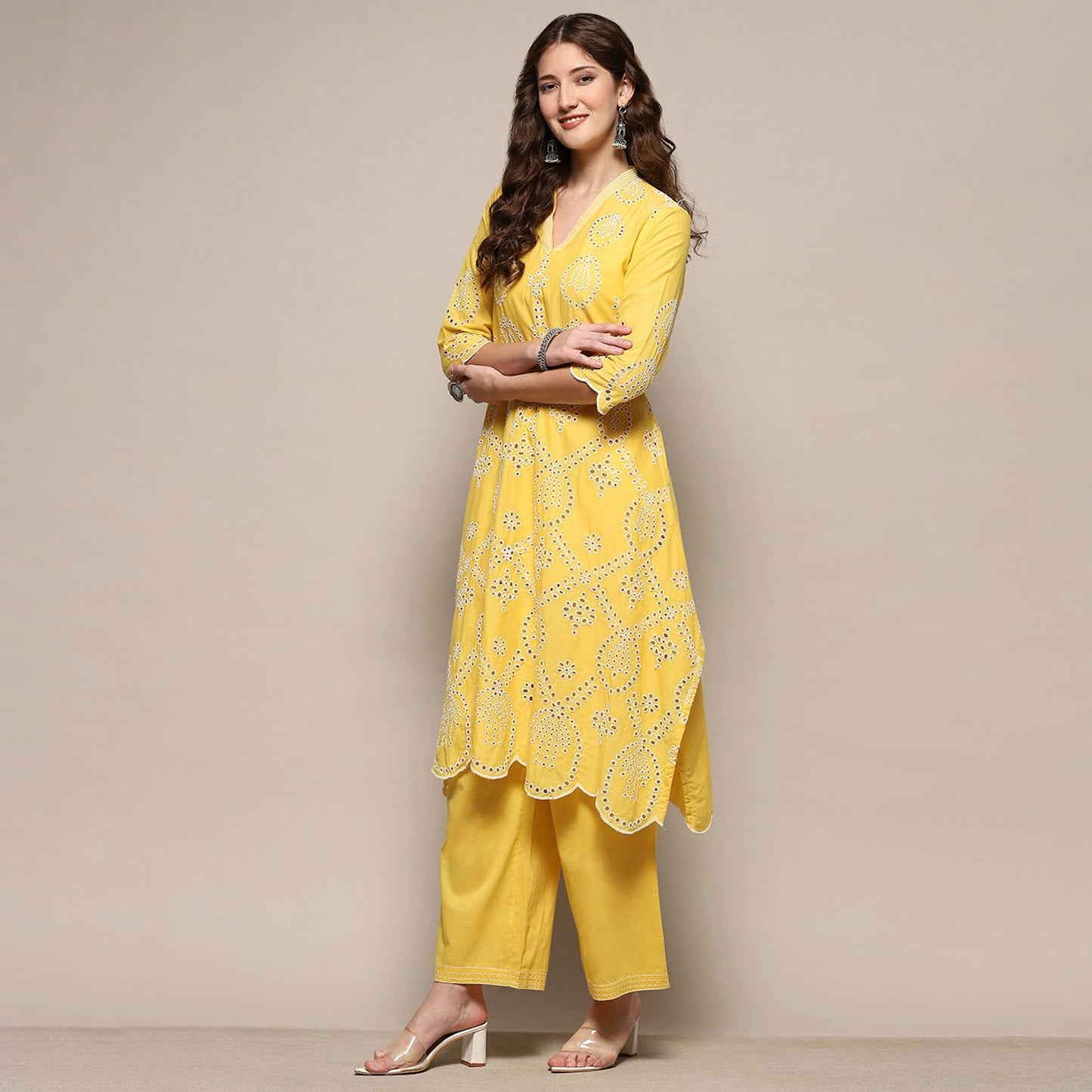 BIBA Women Cotton Asymmetric Embroidered Suit Set
