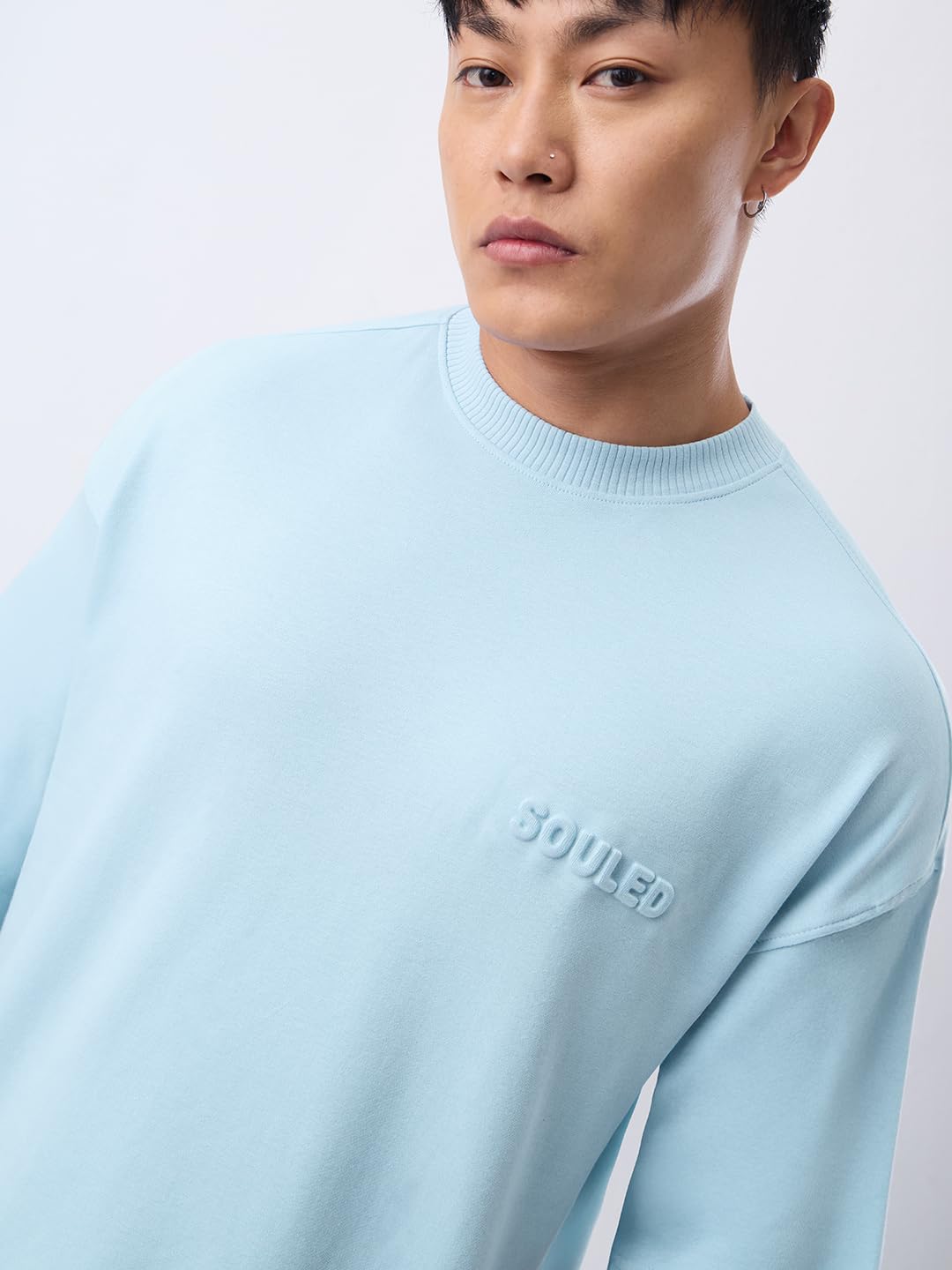 The Souled Store Super-Oversized Tee: Storm Sky Men and Boys Short Sleeves Round Neck Light Blue Solid Embossed Logo Drop Shoulder Casual Streetwear Super Oversized T-Shirts