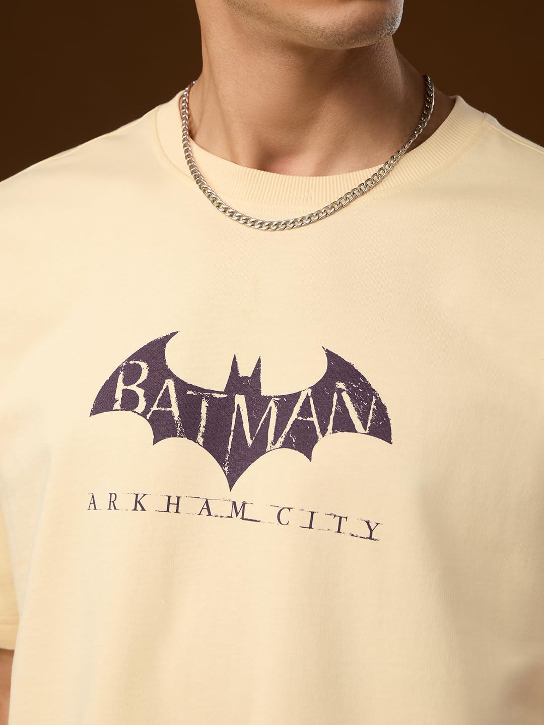 The Souled Store Batman: City of Arkham Men and Boys Short Sleeves Round Neck Beige Graphic Printed Cotton Oversized T-Shirts