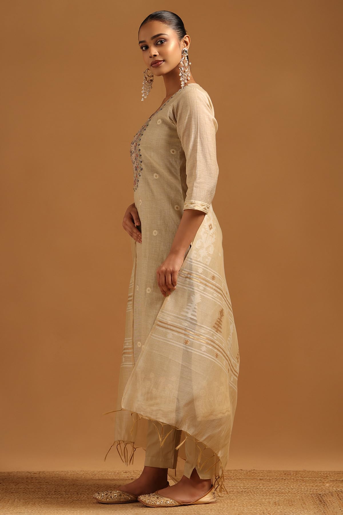 Soch Womens Beige Linen Floral Salwar Suit With Thread Work