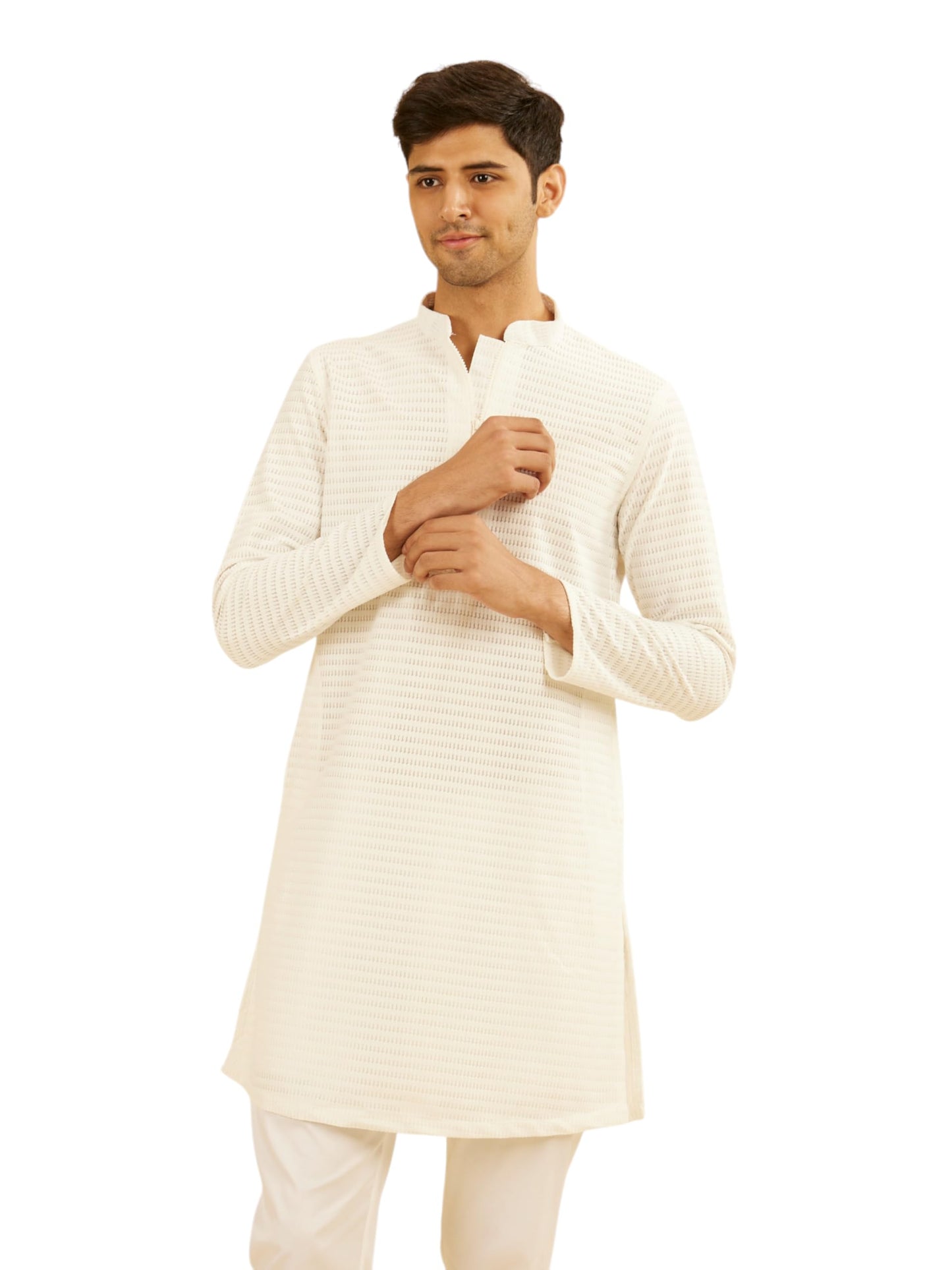 Manyavar Men's Knit Self Design with Zip Neck Mid Length Kurta(White,XXL)